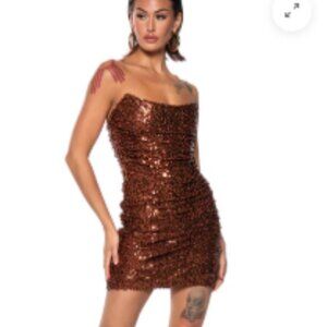 MAYA SEQUIN STRAPLESS MINI DRESS IN BROWN - S